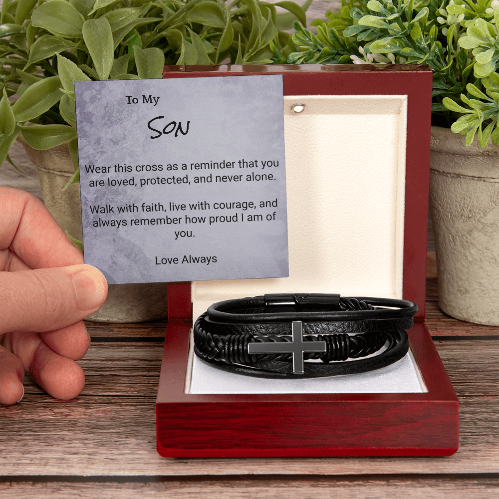 Men’s Cross Leather Bracelet for Son — Meaningful Faith Gift from Mom