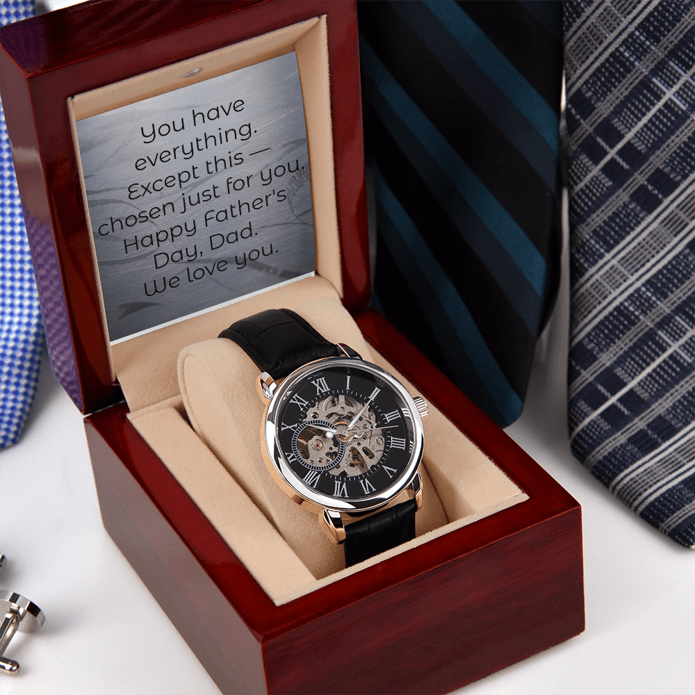 Men's skeleton watch leather strap close up