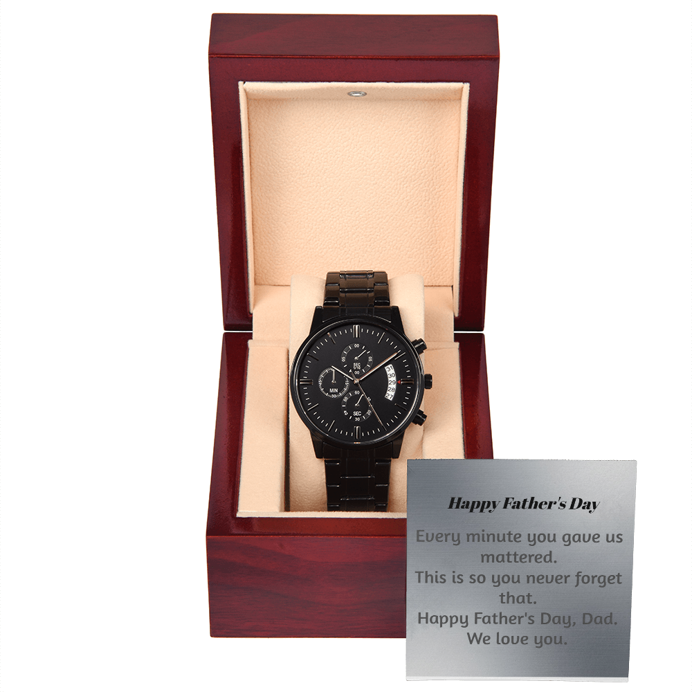 Black chronograph watch copper dial in mahogany gift box
