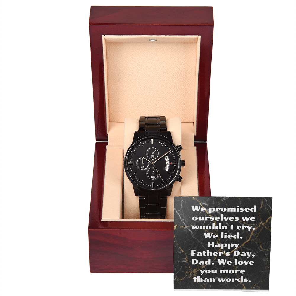 Black chronograph watch in mahogany luxury gift box