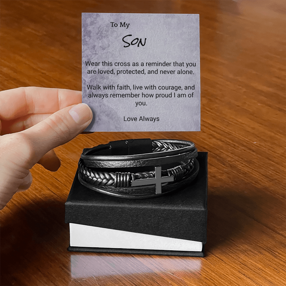 Men’s Cross Leather Bracelet for Son — Meaningful Faith Gift from Mom