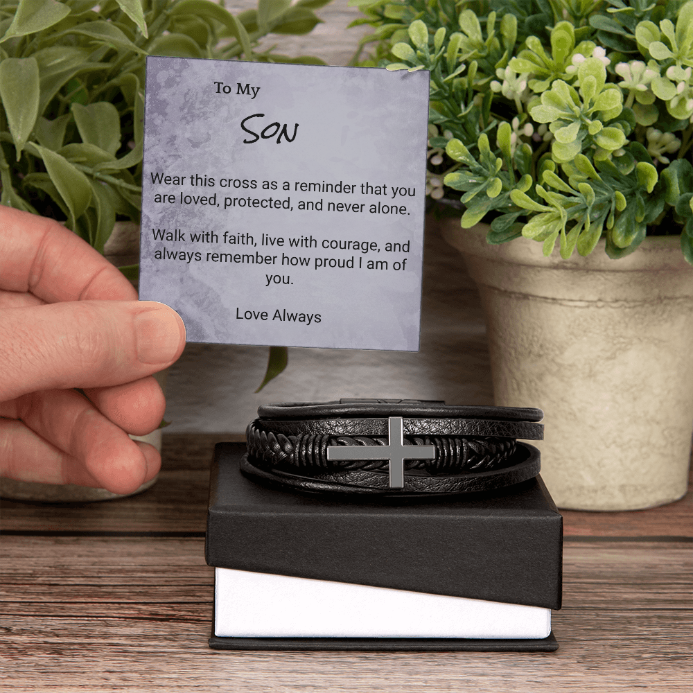 Men’s Cross Leather Bracelet for Son — Meaningful Faith Gift from Mom