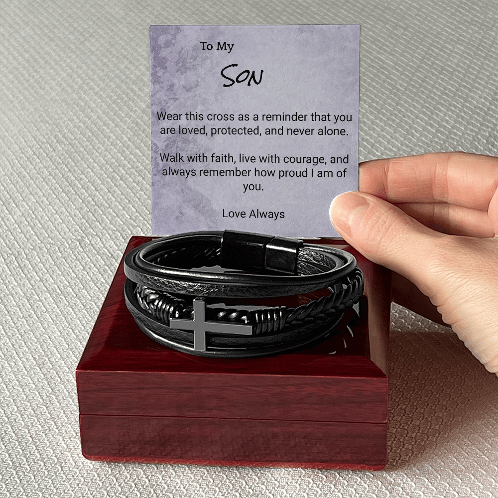 Men’s Cross Leather Bracelet for Son — Meaningful Faith Gift from Mom