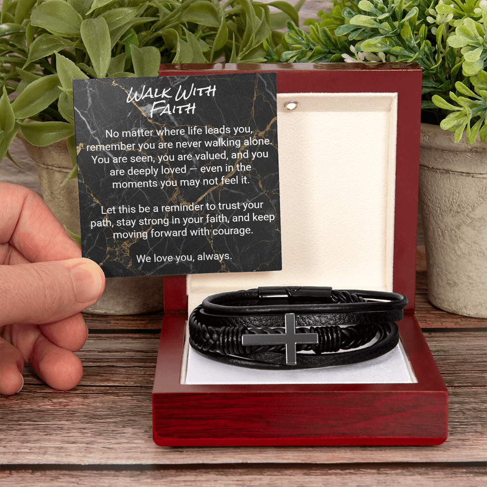Men’s Cross Leather Bracelet for Son — Meaningful Faith Gift from Mom or Grandparents