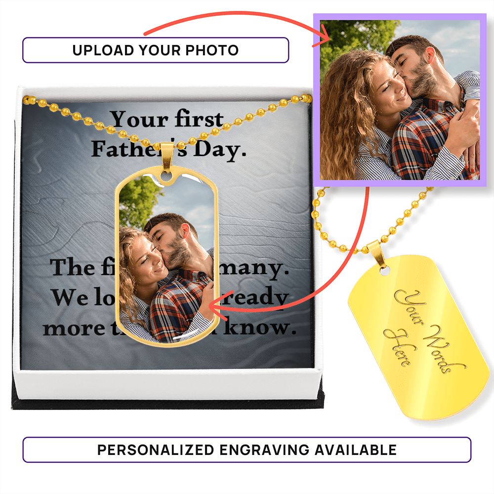 Gold finish dog tag necklace first Father's Day gift from baby